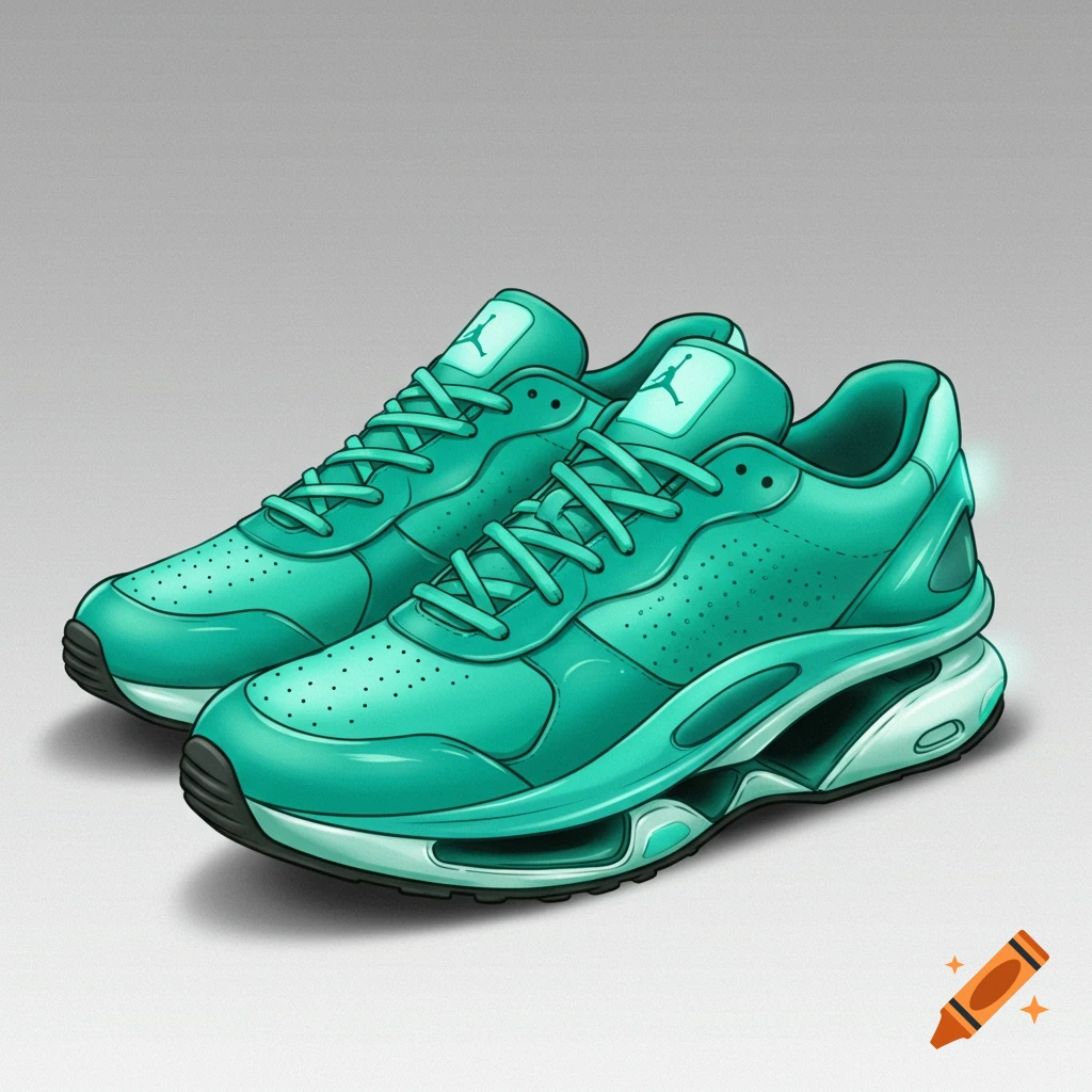 Two futuristic aqua low-top sneakers with a glowing effect and a Jumpman-like logo on the tongue, depicted in an illustration style.