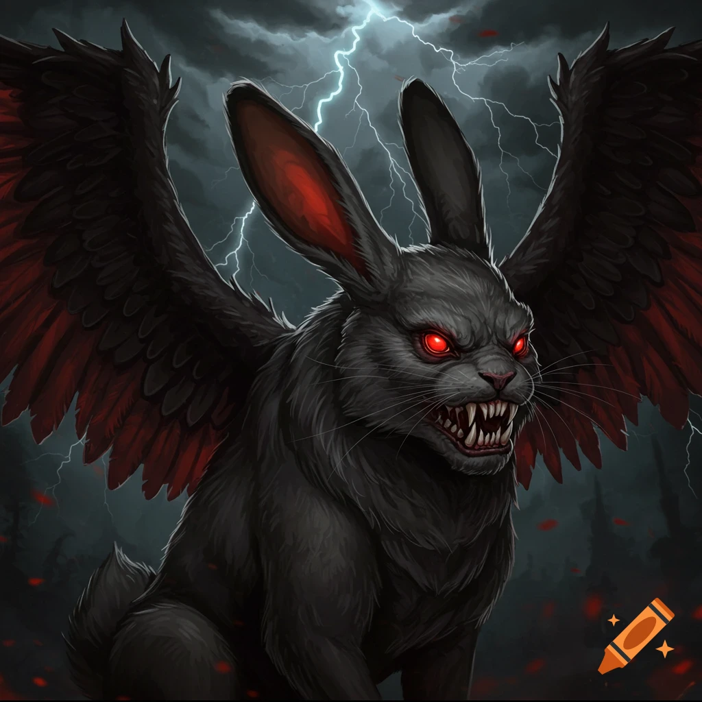 A dark, winged rabbit with glowing red eyes and fangs under a stormy, lightning sky.
