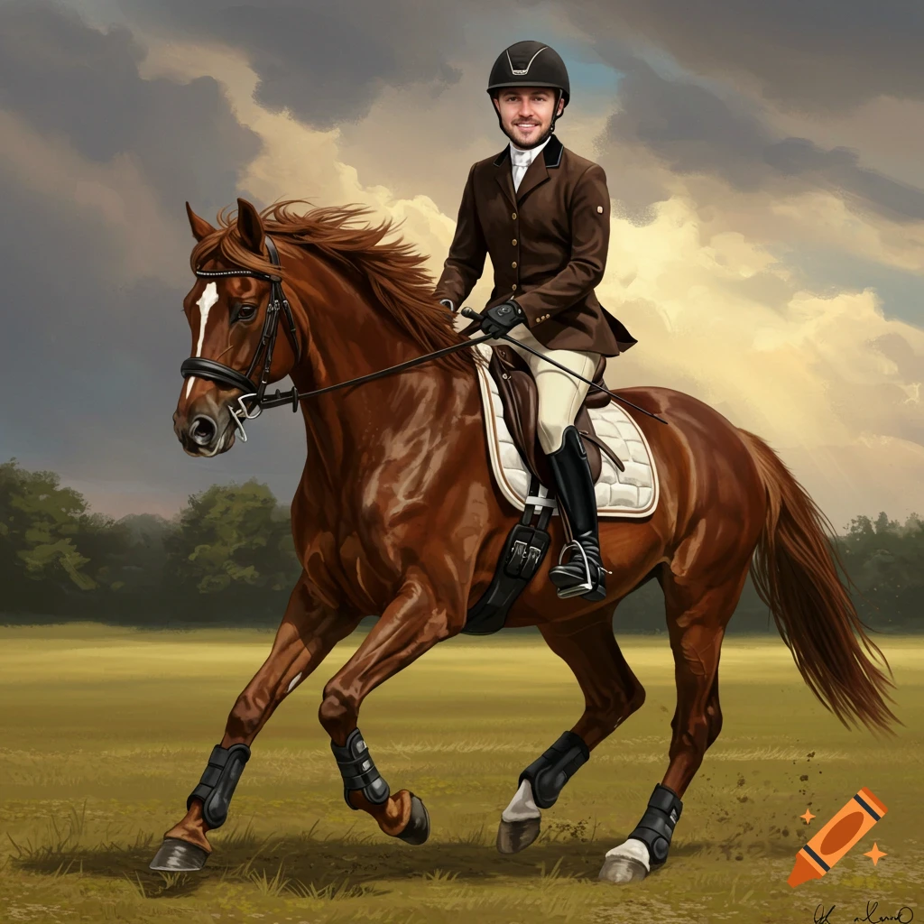 A photorealistic painting of a person in equestrian gear riding a brown horse across a grassy field under a cloudy sky.