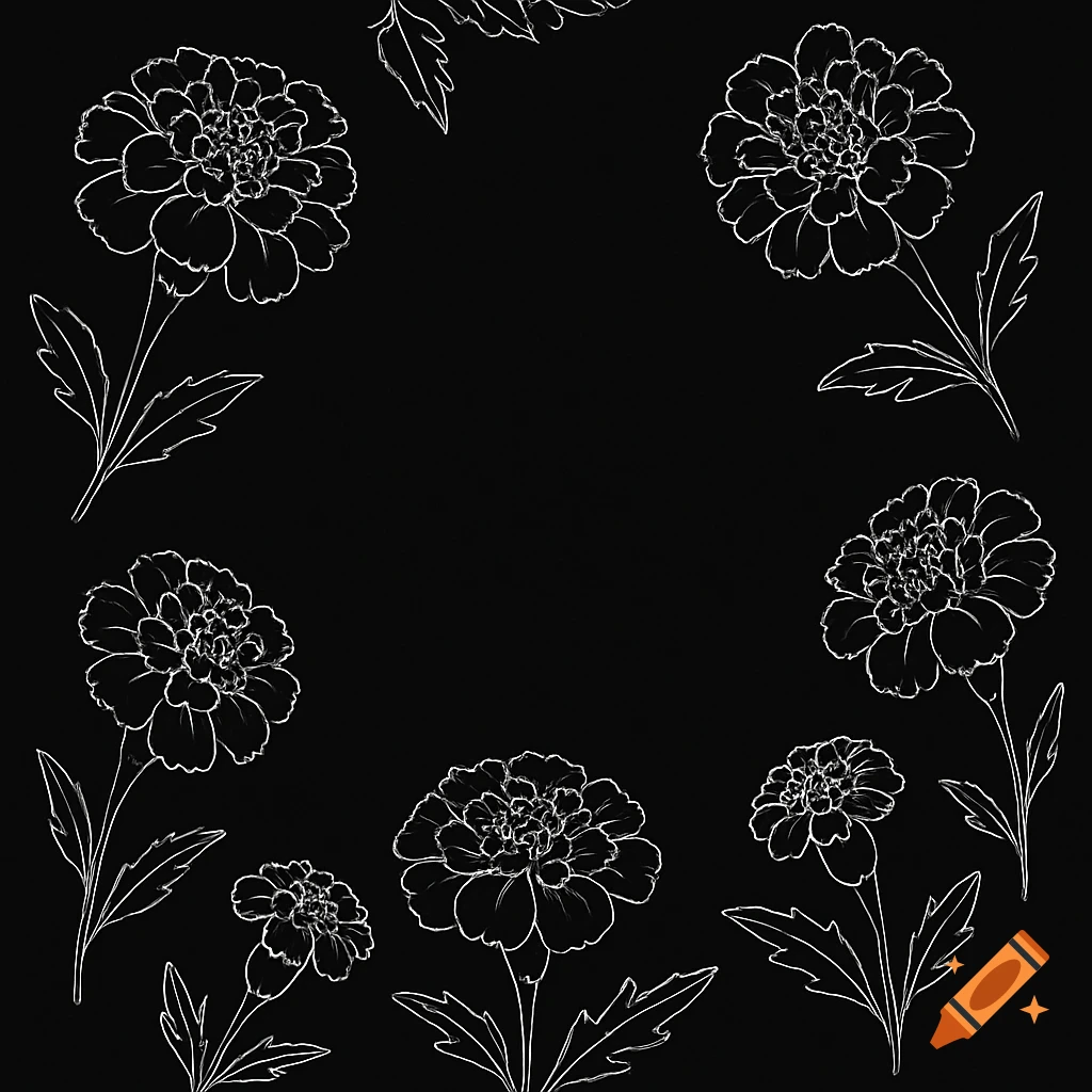 White outline drawings of marigolds frame a black background, with space in the center.