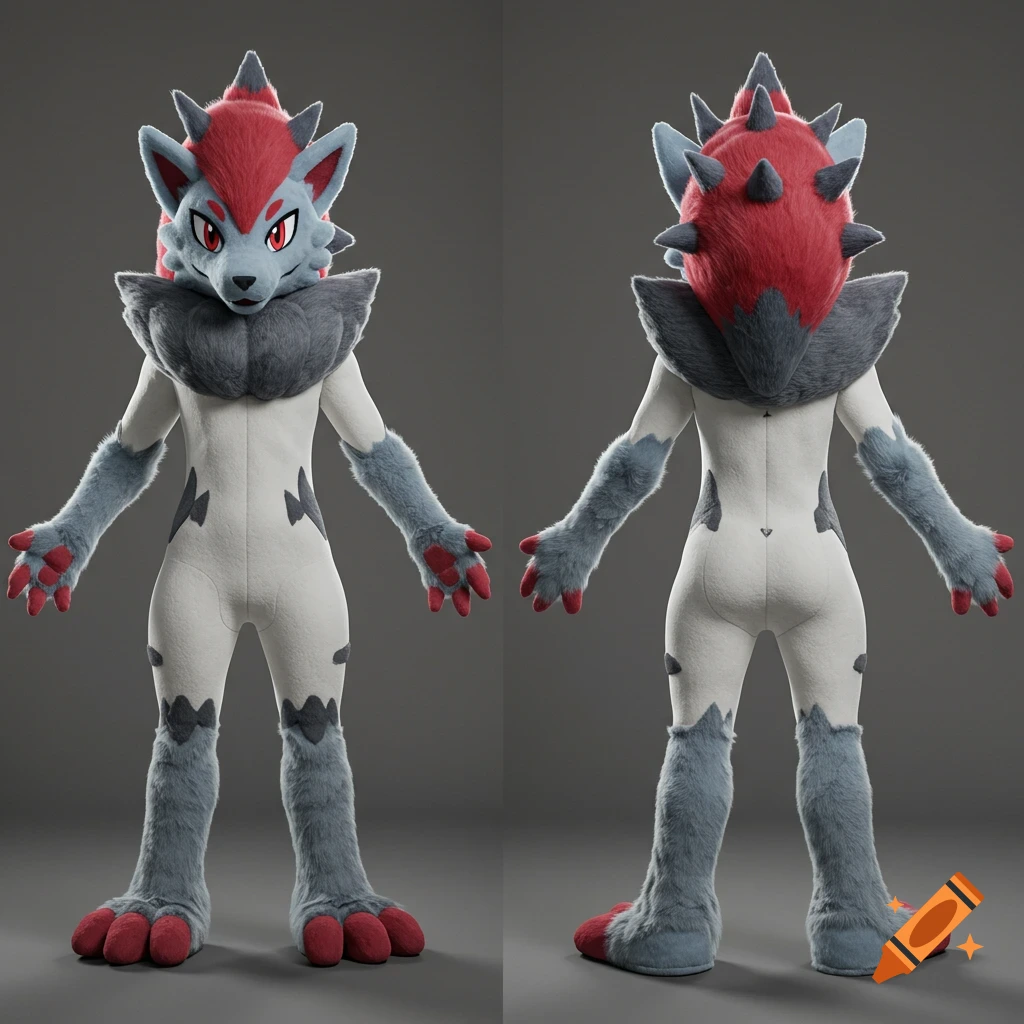 A full-body front and back view of a Zoroark fursuit foam base, featuring white, gray, and red colors with furry accents.