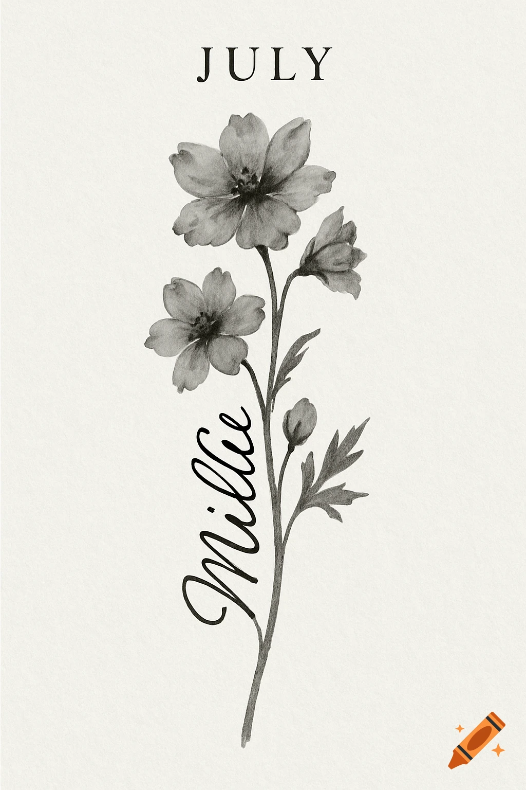 Black and white floral illustration featuring three flowers on a stem. The word 'JULY' is at the top, and 'Millie' is written vertically in cursive along the stem.