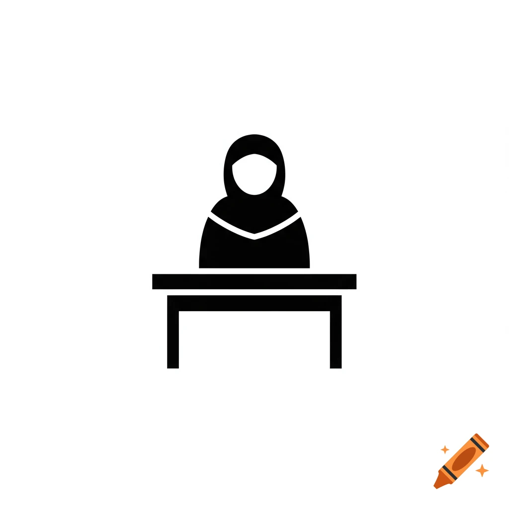 Black icon of a person wearing a hijab, sitting behind a desk, on a white background.