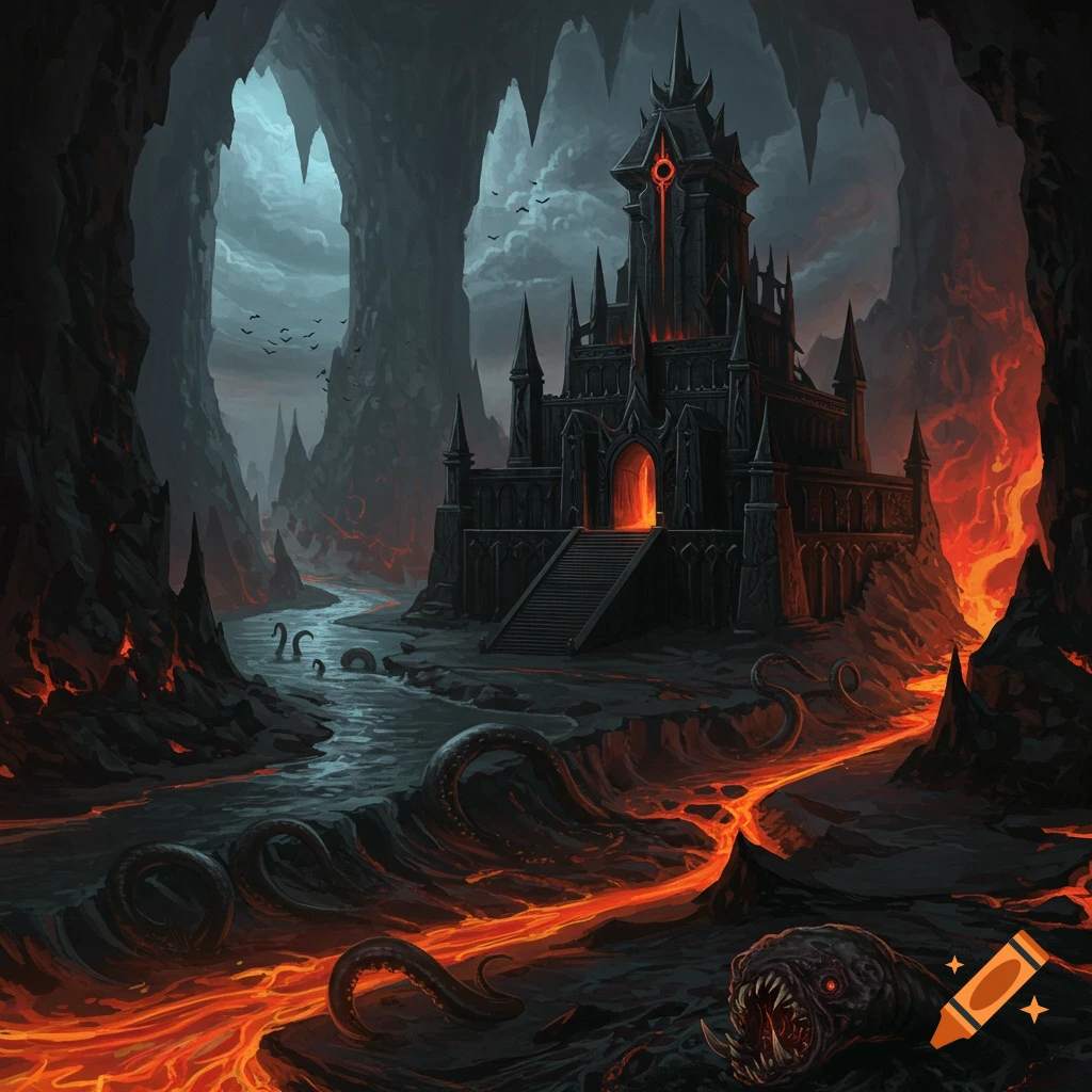 A dark fantasy landscape with a foreboding black castle in a cavern, a river flowing past, and glowing lava with monstrous creatures.