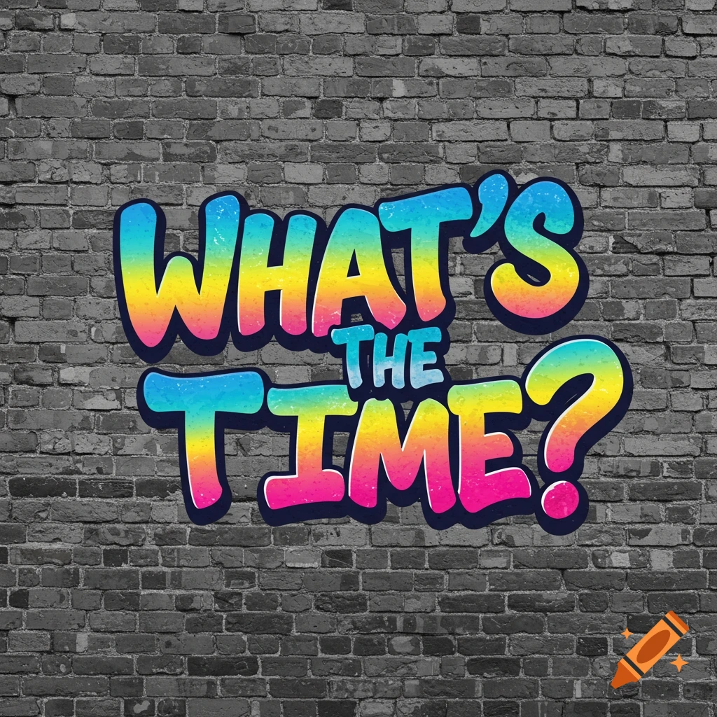 Colorful bubbly graffiti-style text that reads 'WHAT'S THE TIME?' on a dark gray brick wall.