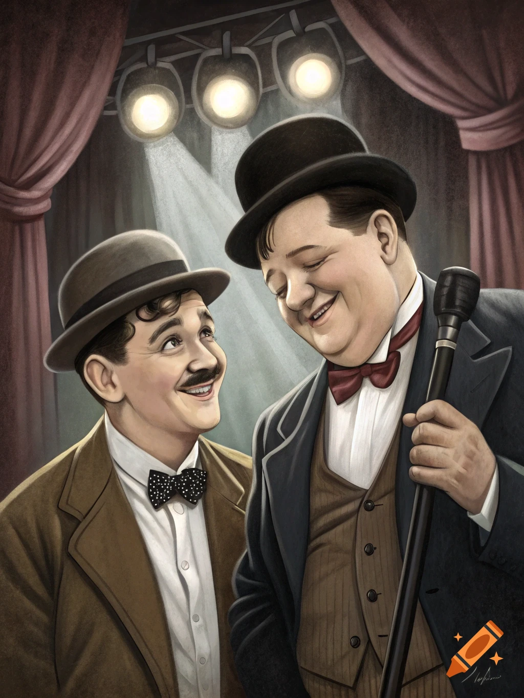 A painterly illustration of Laurel and Hardy on stage, smiling and looking at each other, under bright spotlights. One holds a microphone.