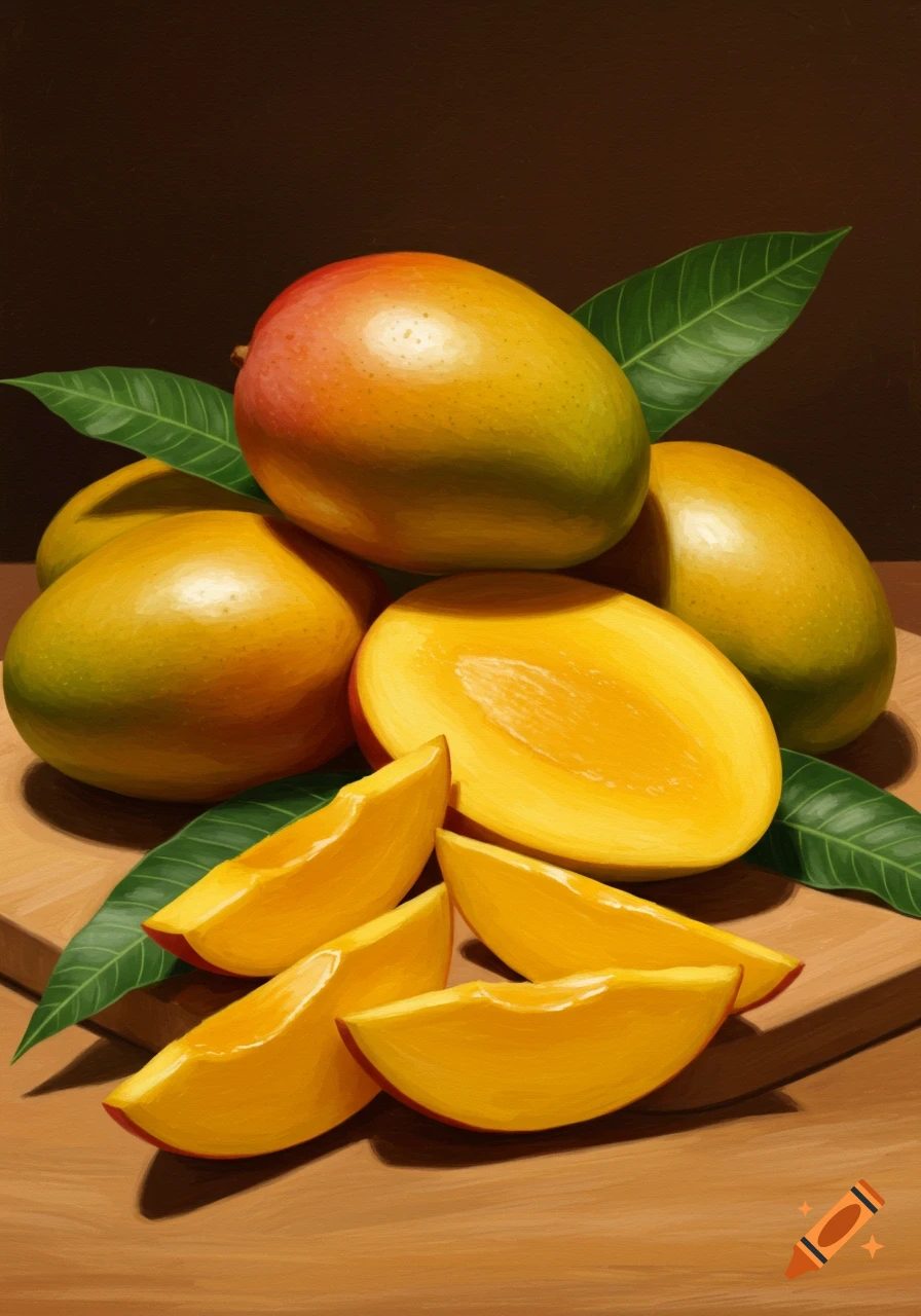 A vibrant still life painting shows a pile of whole and sliced mangoes with green leaves on a wooden surface.