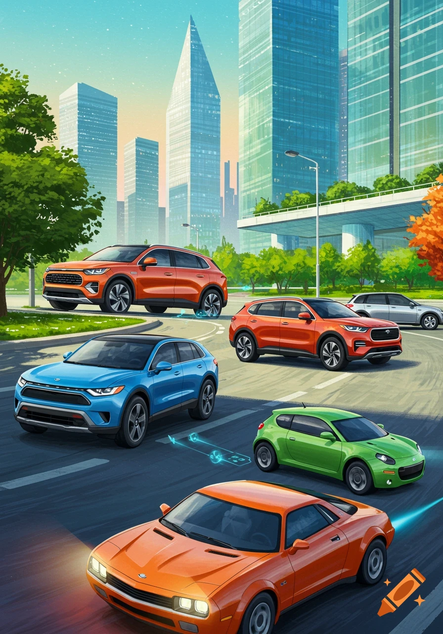 Stylized illustration of multiple colorful electric cars driving on a city road with modern skyscrapers in the background.