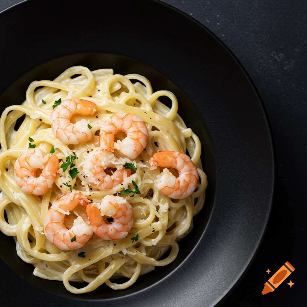 Top-down view of a creamy shrimp fettuccine alfredo dish in a black bowl on a dark background.