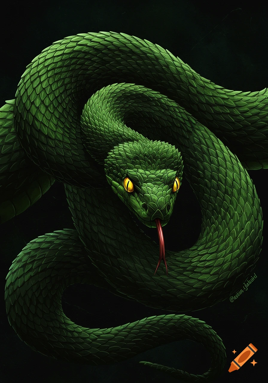 A vibrant green snake with bright yellow eyes and a forked red tongue is coiled against a dark background in a stylized illustration.
