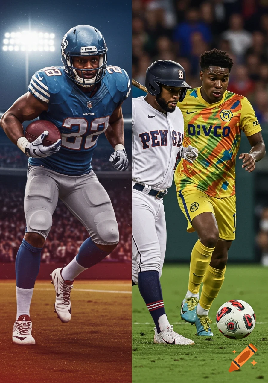 A triptych image showing a Black male NFL player in a blue uniform, a Black male MLB player in a white uniform with a bat, and a Black male soccer player in a yellow and green jersey dribbling a ball.