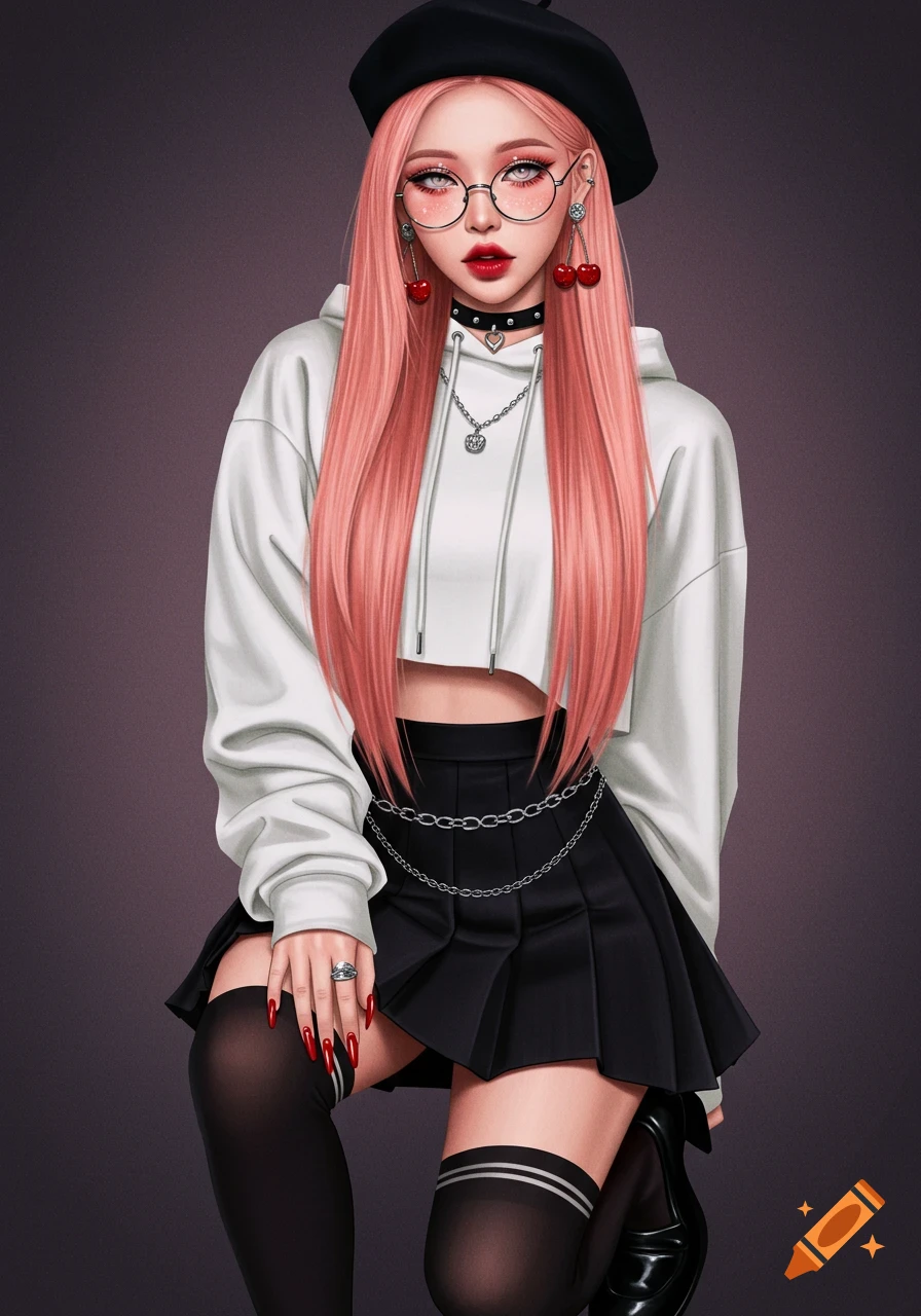 An anime-style illustration of a woman with long pink hair, wearing a white cropped hoodie, black pleated skirt, beret, round glasses, and cherry earrings.