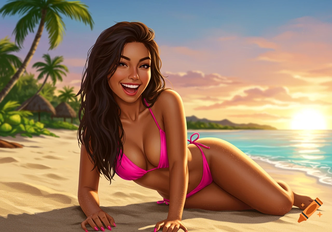Smiling woman with long dark hair in a pink bikini, lying on a sandy beach at sunset with palm trees.