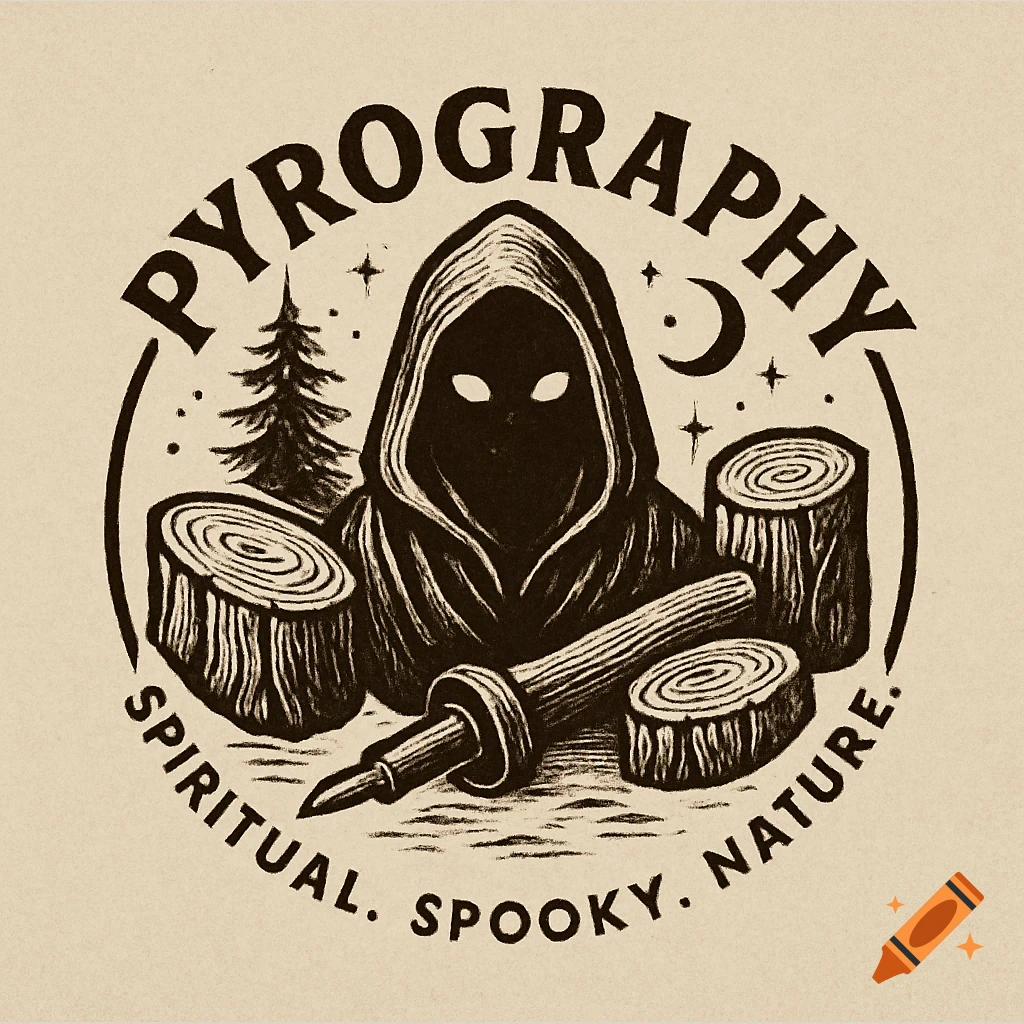 A black and white logo with a shadowy hooded figure, wood logs, a burning tool, and a tree, under text 'PYROGRAPHY' and 'SPIRITUAL. SPOOKY. NATURE.'.