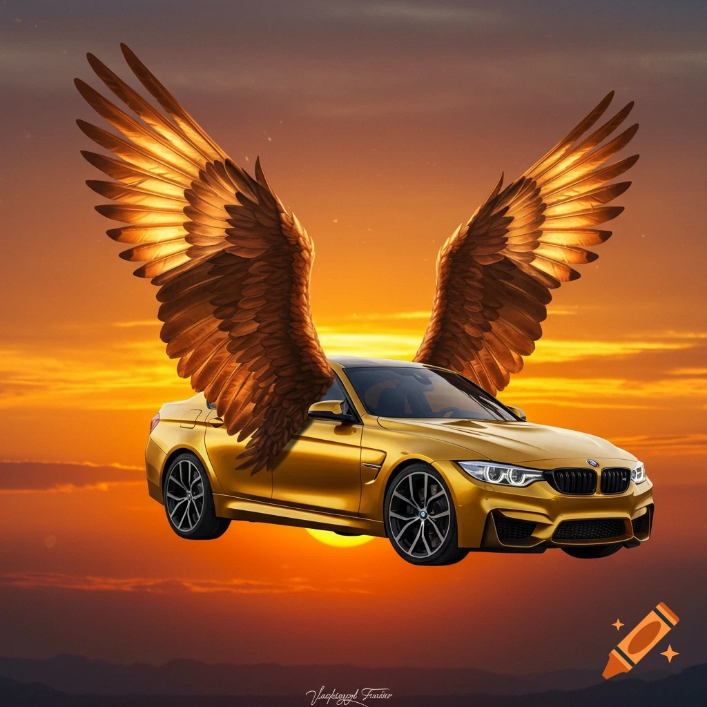 A golden BMW car with large, golden bird wings flies against a vibrant orange sunset sky.