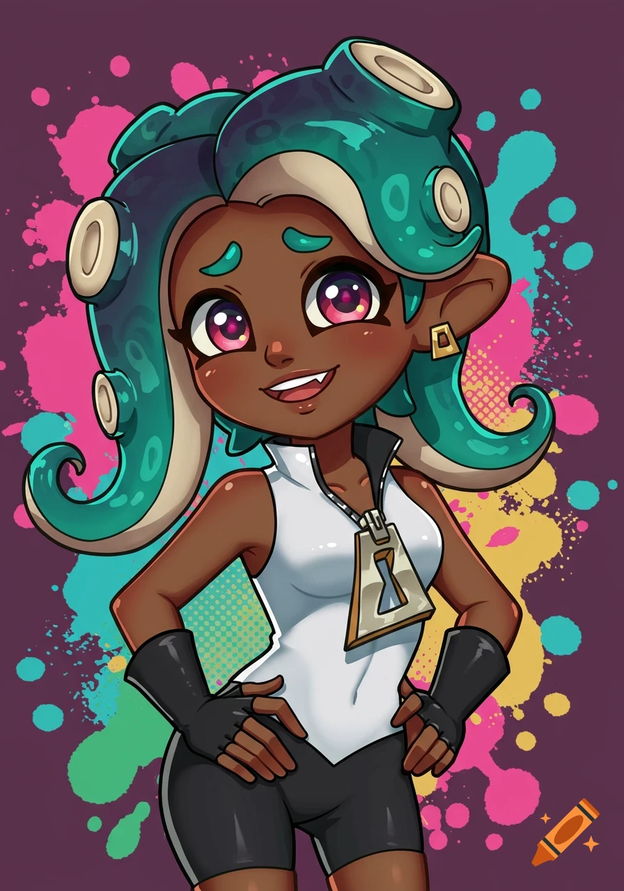 Cartoon illustration of Marina from Splatoon with dark skin and turquoise tentacles, against a background of colorful paint splatters.
