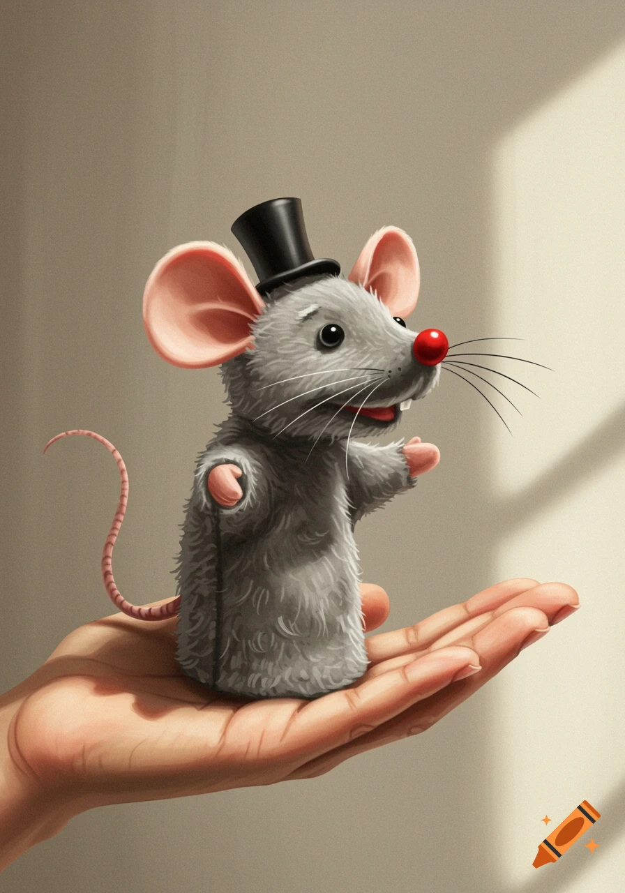 A cute grey mouse puppet with a black top hat, red nose, and whiskers stands in the palm of a person's hand. The illustration has soft lighting.