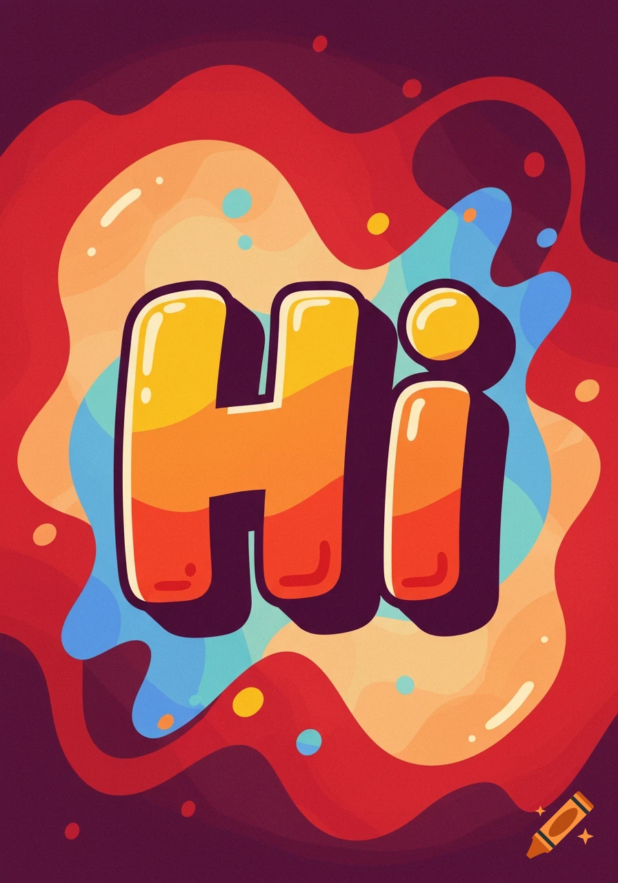 Colorful bubbly 3D text 'Hi' with a wavy abstract background in red, orange, and blue tones.