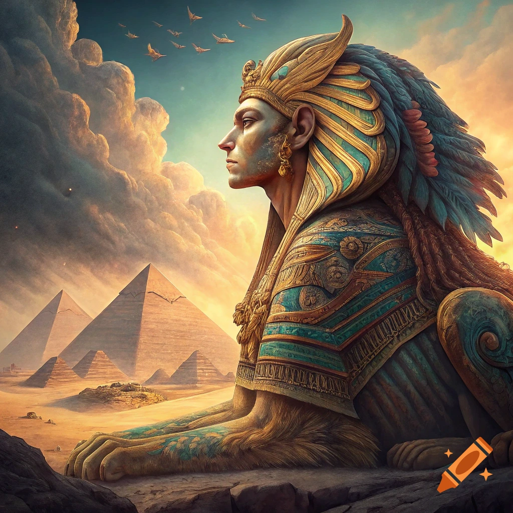 A majestic ancient Egyptian sphinx with human head and elaborate regalia, set against pyramids in a desert landscape under a dramatic sky.