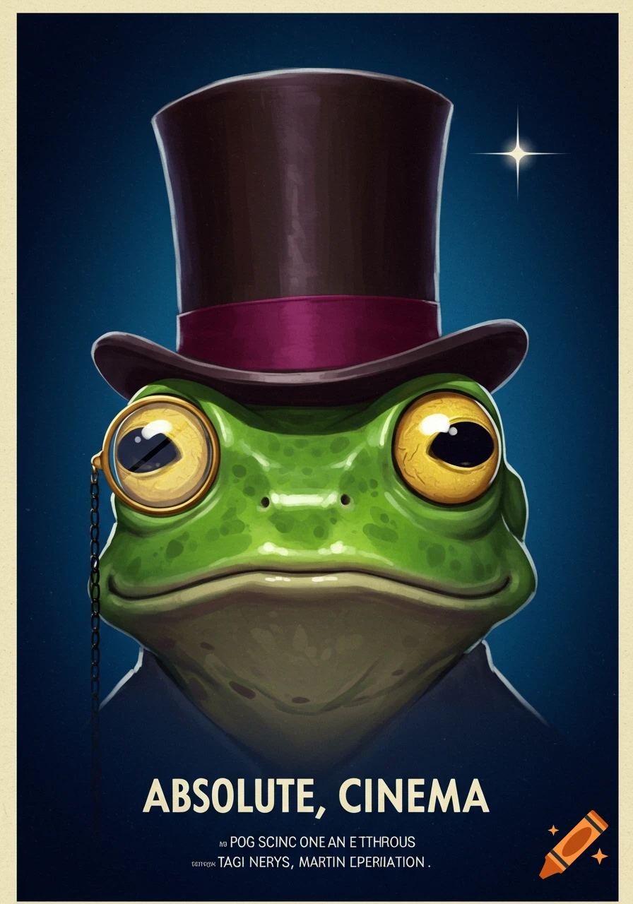 A cartoon-style close-up of a green frog wearing a brown top hat with a magenta band and a golden monocle, set against a dark blue background with the text 'ABSOLUTE, CINEMA' below.