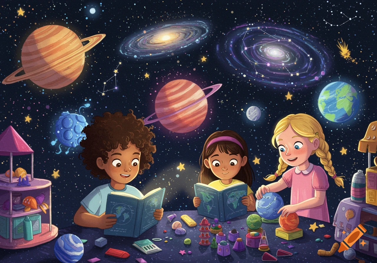 Three diverse children explore space, reading books, and playing with planetary models against a cosmic backdrop of stars and galaxies. Colorful illustration.