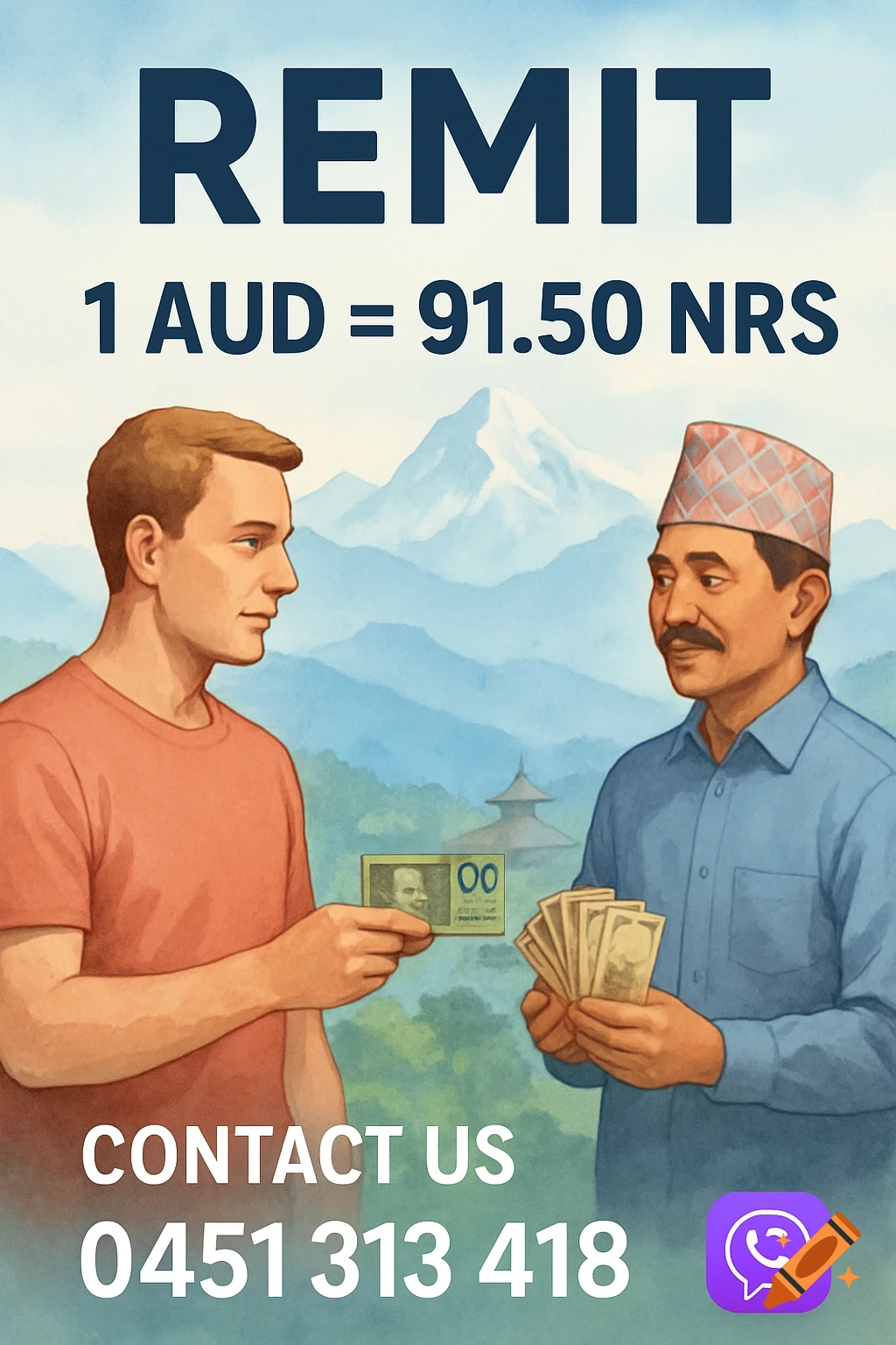 Two men exchanging money in front of a mountain landscape, with text 'REMIT 1 AUD = 91.50 NRS' and contact details.