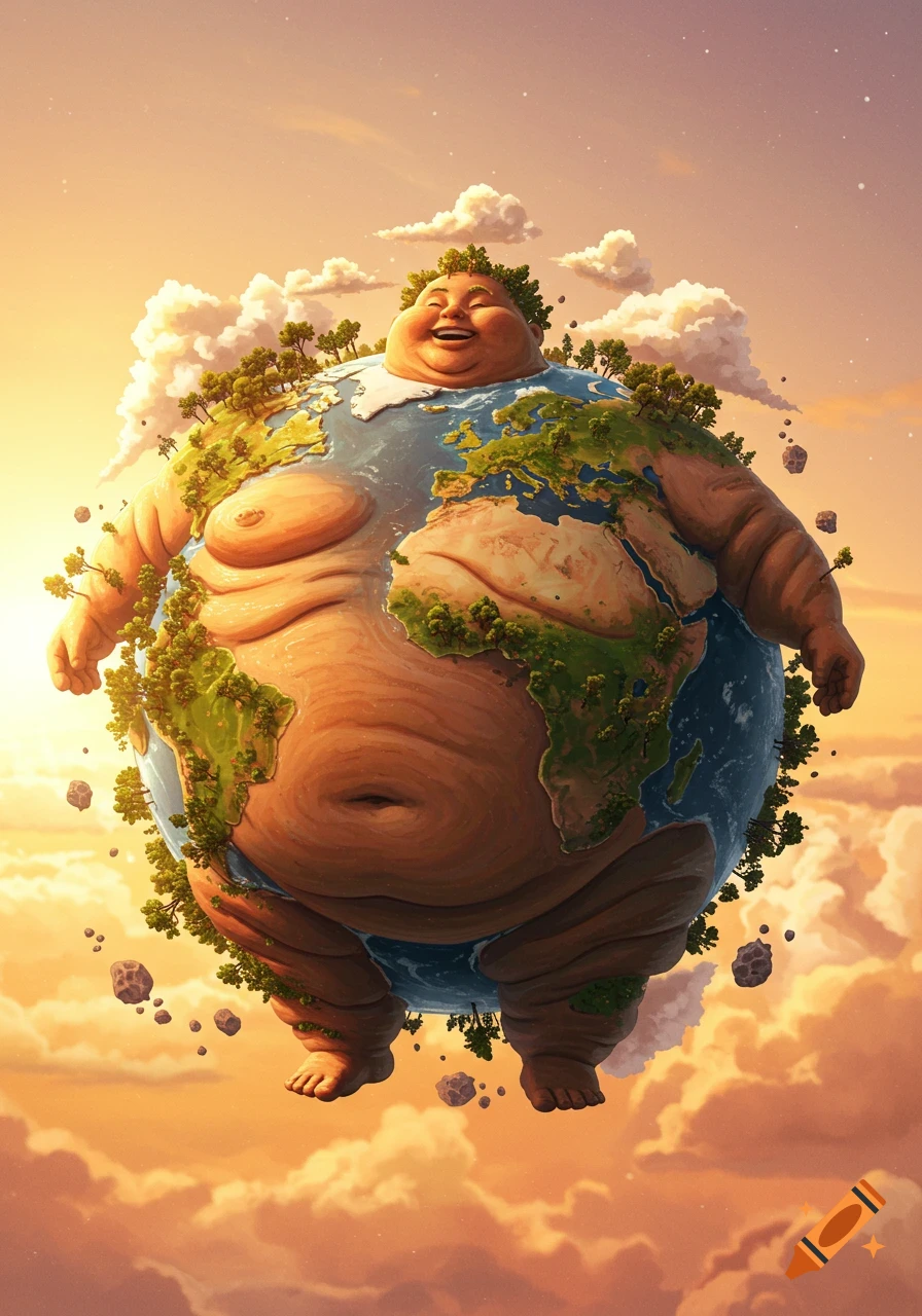 A smiling, obese, cartoon person shaped like planet Earth floats in a cloudy sky.