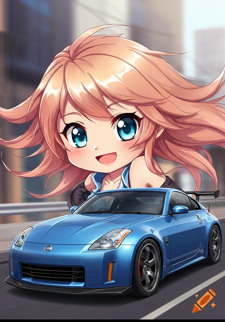 A smiling, large-headed anime girl with pink hair and blue eyes peeks from behind a blue Nissan 350Z sports car on a street, cartoon style.