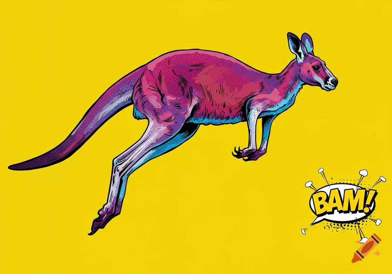 A pink and purple pop art kangaroo leaps against a bright yellow background with a 'BAM!' speech bubble.