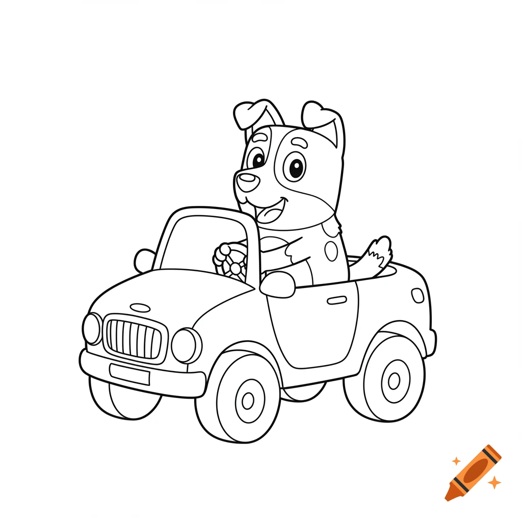 Black and white coloring page of a cartoon dog driving a small car.