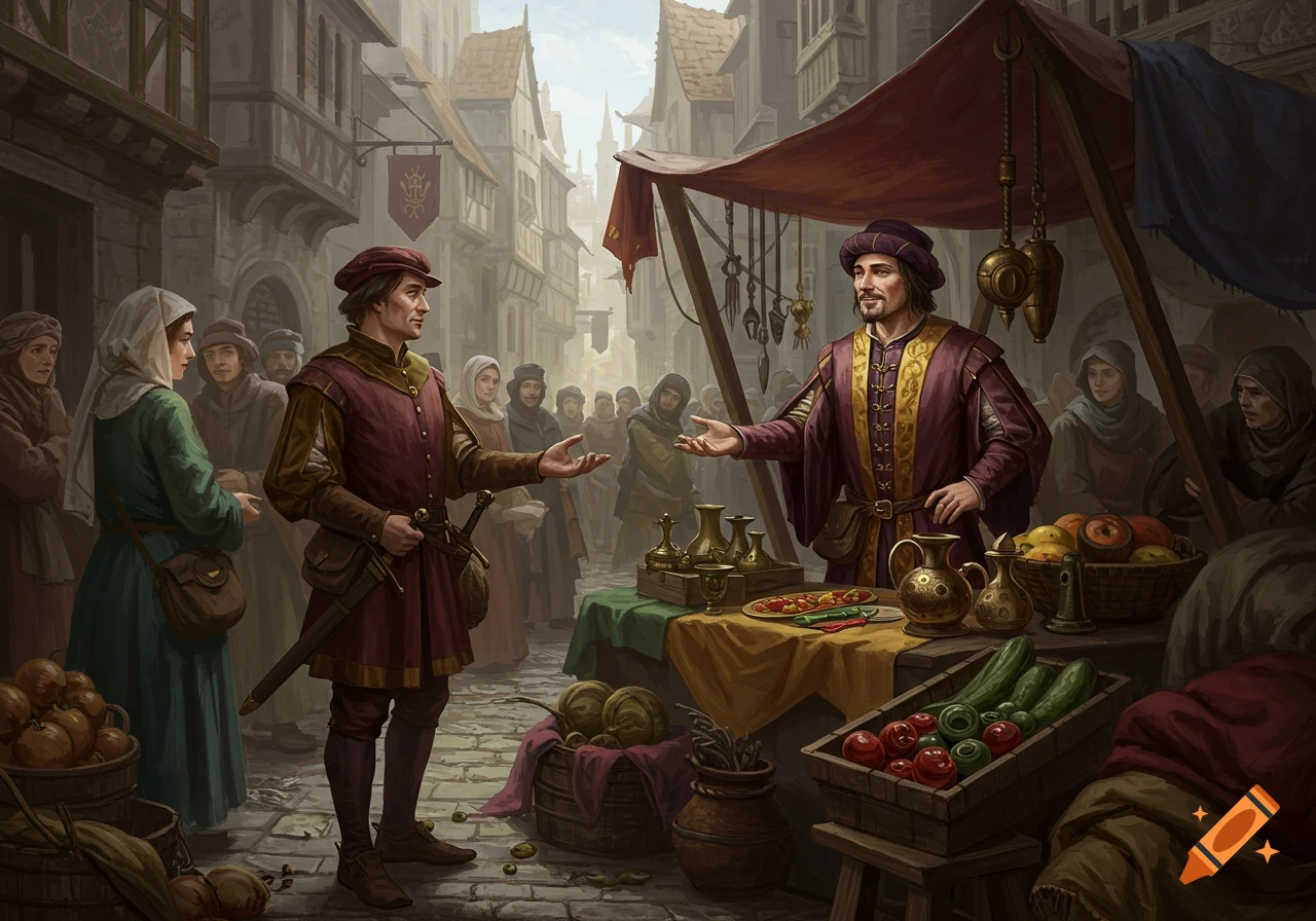 A medieval market scene with a merchant in rich clothes selling goods to customers in a bustling town.