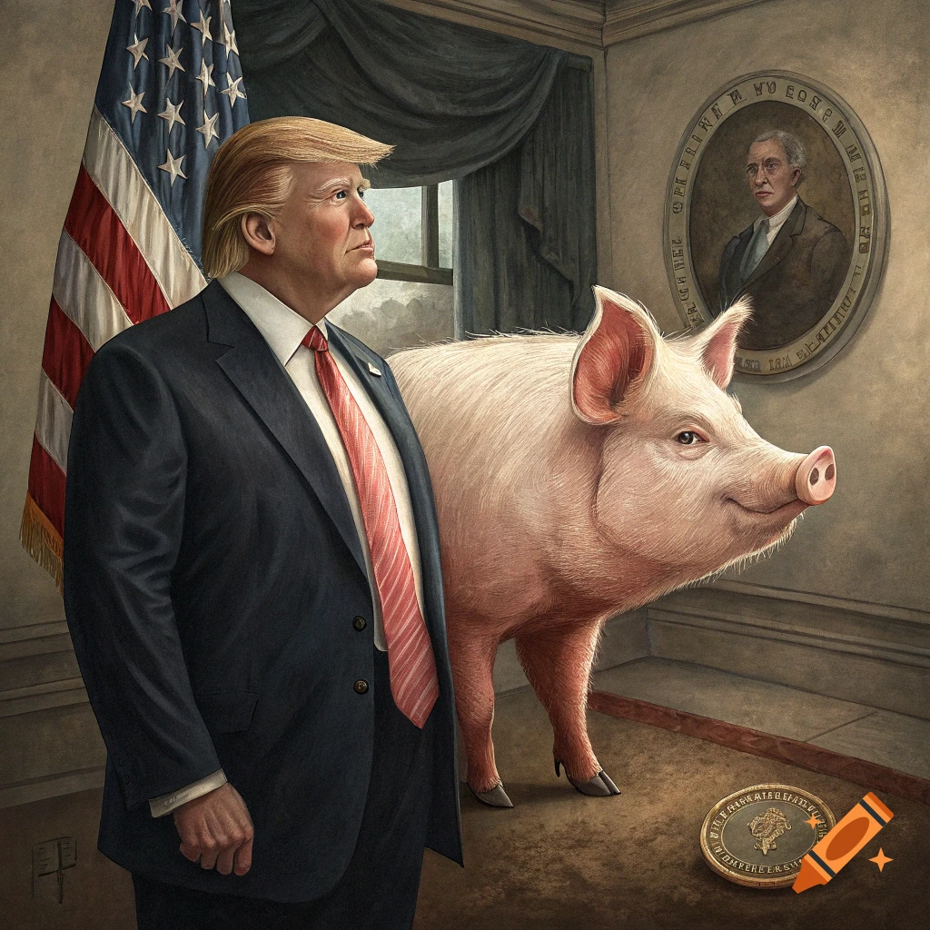 Photorealistic portrait of Donald Trump standing next to a large pig in a formal room with an American flag.