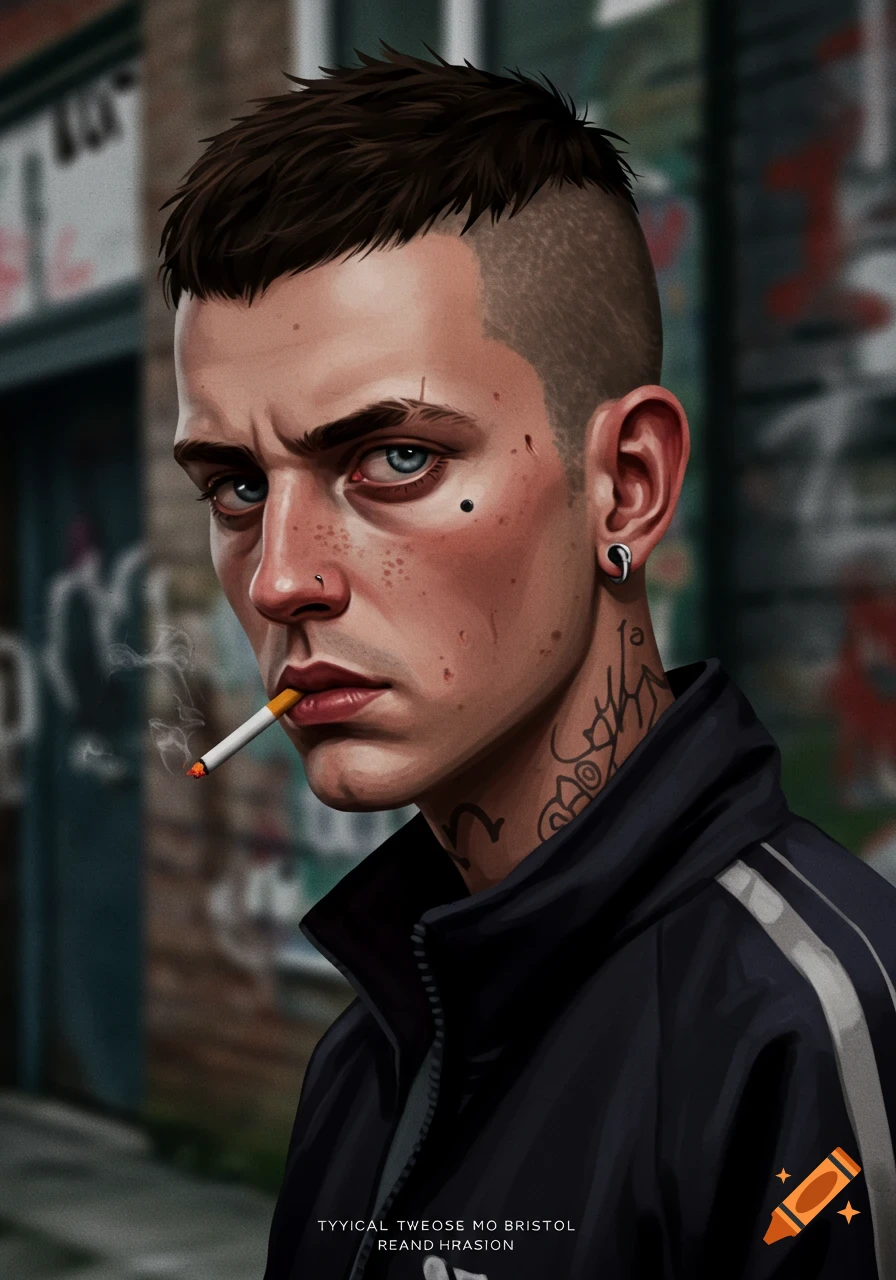 Close-up digital painting of a young man with short dark hair, light eyes, and tattoos, smoking a cigarette with an intense gaze in an urban setting.
