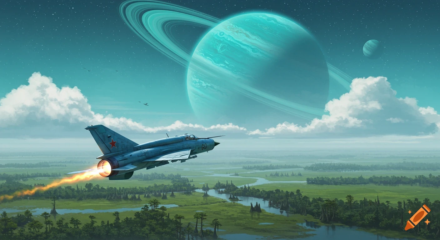 A Mig-21 jet flying low over a swampy landscape under a turquoise sky, with a large ringed planet and a smaller moon visible.