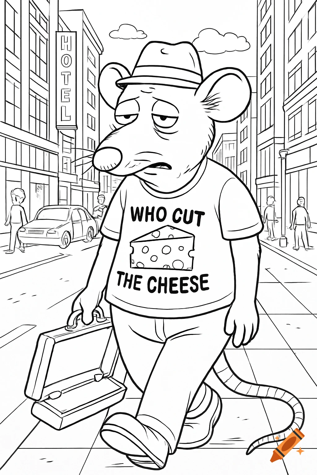 Black and white coloring page of a tired human-sized rat in a fedora, walking down a city street with an open briefcase, wearing a 'WHO CUT THE CHEESE' t-shirt.