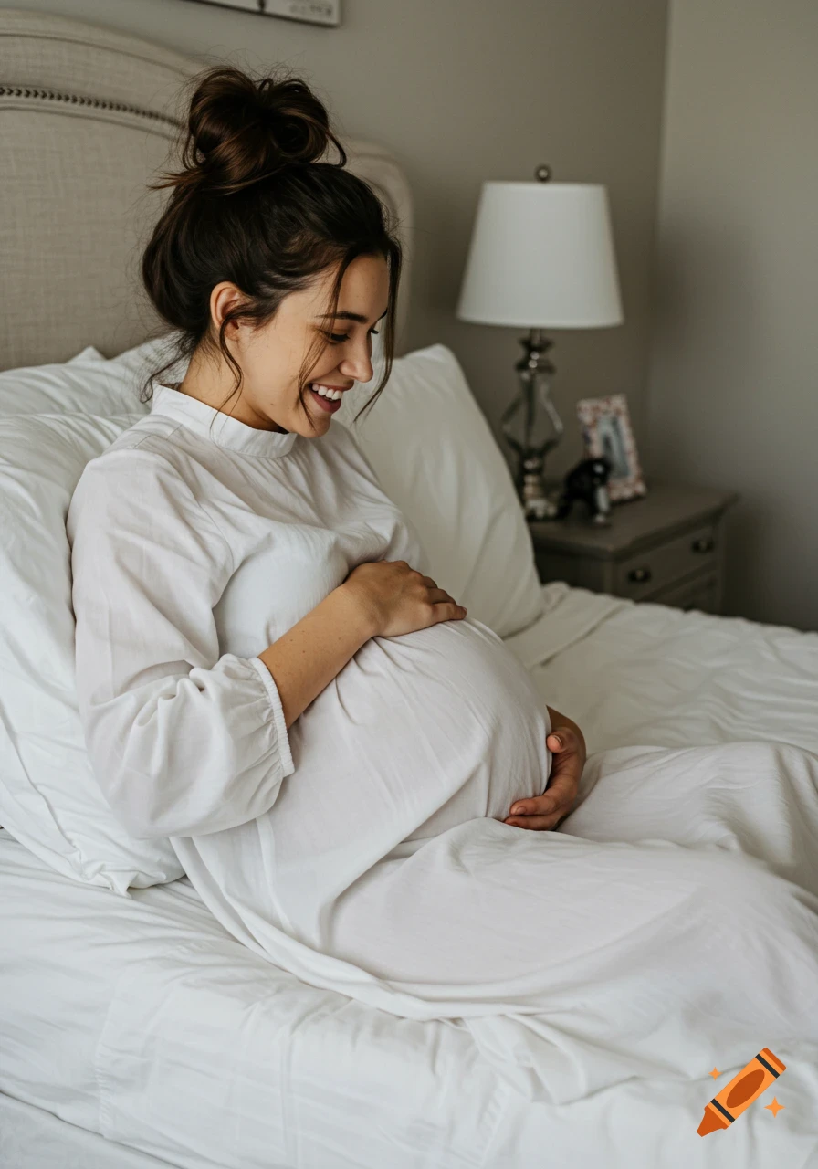 A happy pregnant woman with a messy bun smiles, sitting on a bed and holding her large baby bump.