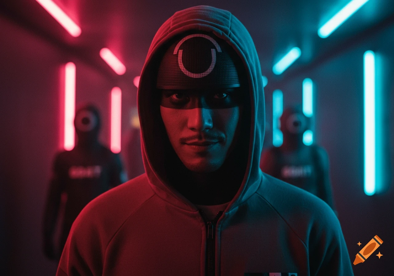 A man in a hooded sweatshirt with a Squid Game-like symbol on his forehead, standing in a neon-lit corridor.