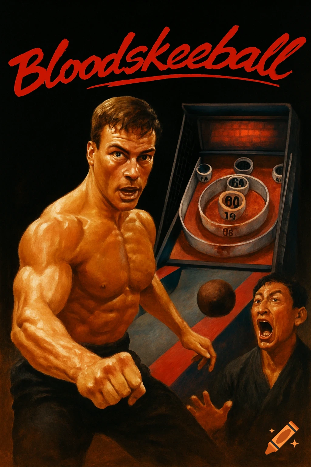 Muscular man resembling Jean-Claude Van Damme next to a skeeball machine with a screaming man in a movie poster style. Title 'Bloodskeeball' in red.