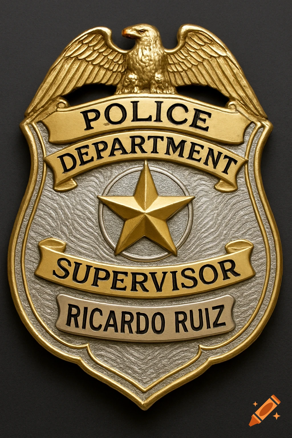 A detailed gold and silver police department badge featuring an eagle, a star, and the name Supervisor Ricardo Ruiz.