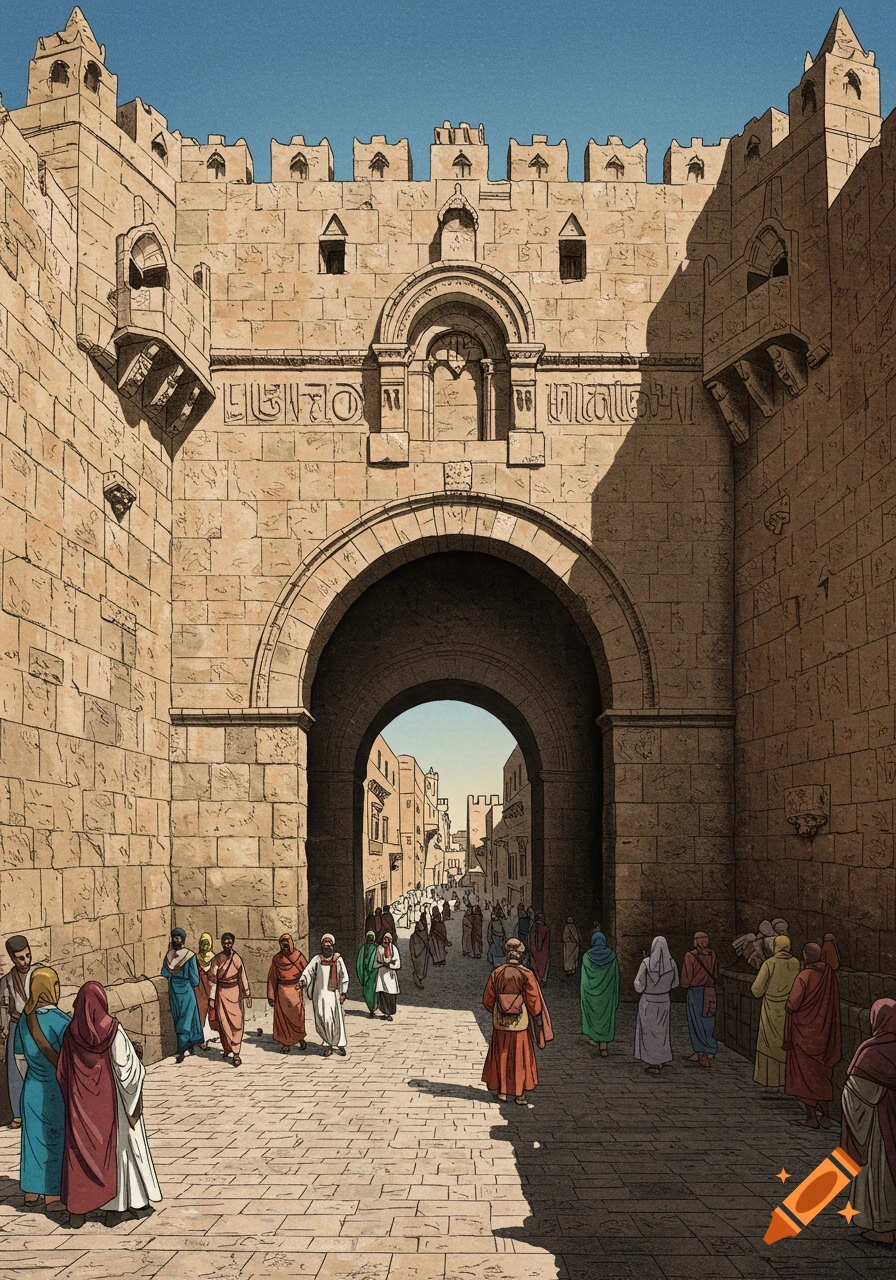 An illustration of a large stone gate with an archway, through which a street with many people can be seen, under a clear blue sky.