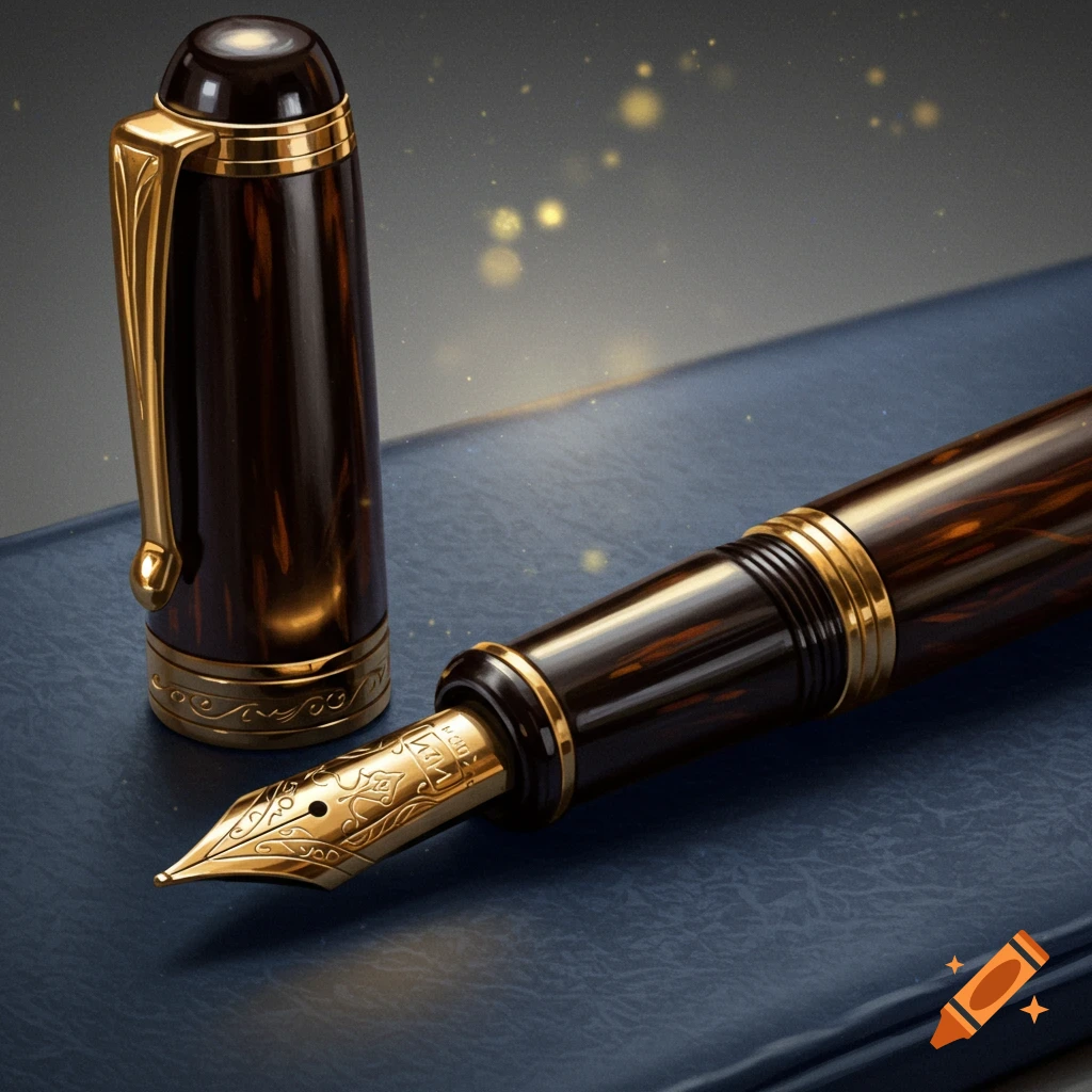 A photorealistic close-up of a luxurious brown and gold fountain pen and its cap on a blue textured surface.