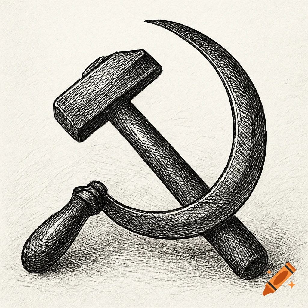 A black and white cross-hatching illustration of the hammer and sickle symbol on a light background.