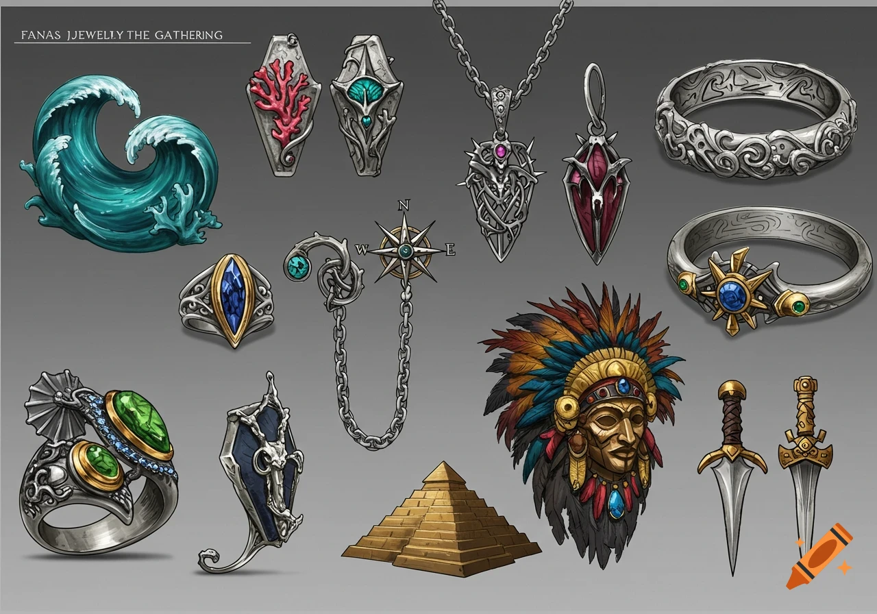 A detailed illustration of a fantasy jewelry concept sheet featuring rings, necklaces, a mask, and other decorative items.