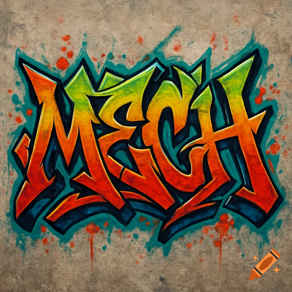 Wildstyle graffiti art spelling "MECH" with a colorful gradient and dark outlines on a textured background.