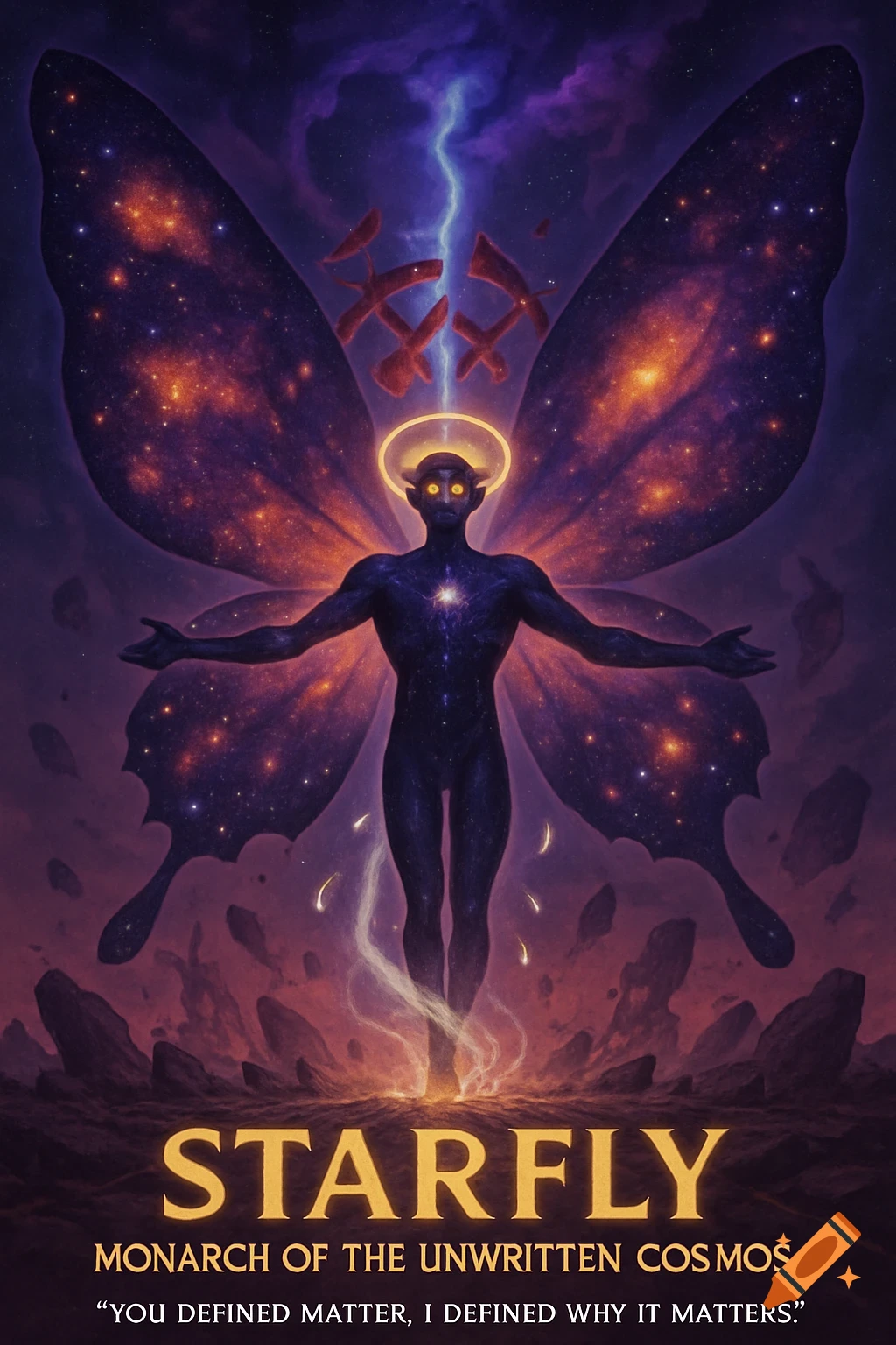 A cosmic being with galaxy-filled butterfly wings and a halo, arms outstretched, floats above shattered ground in a mystical space setting.