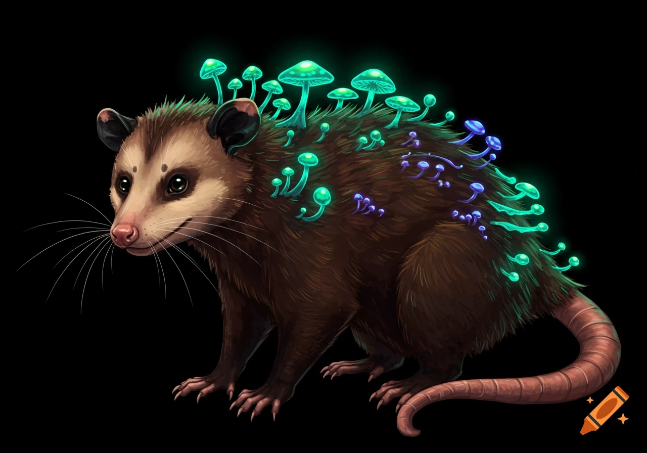 A fantasy illustration of a brown opossum-like creature with glowing teal and purple mushrooms growing on its back against a black background.