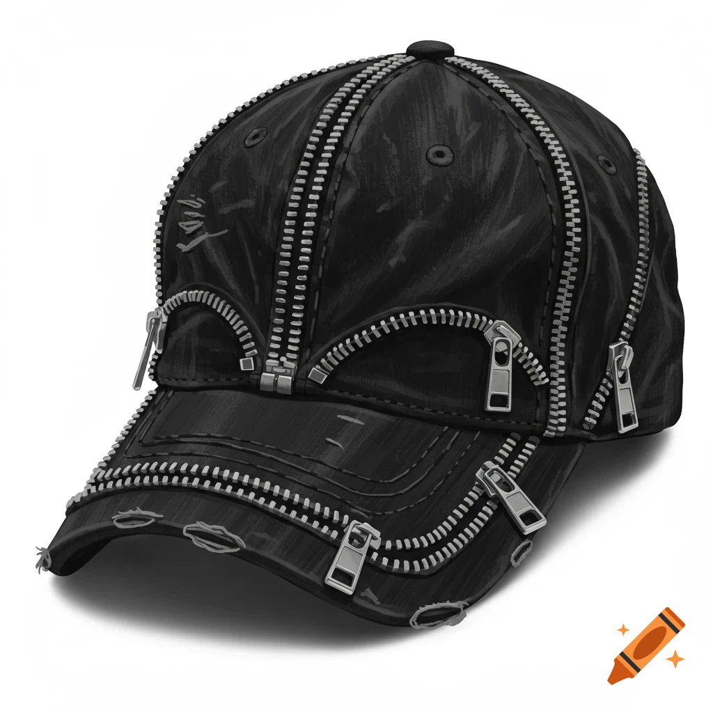 A distressed black baseball cap covered in shiny silver metal zippers and pullers, depicted as a digital illustration.