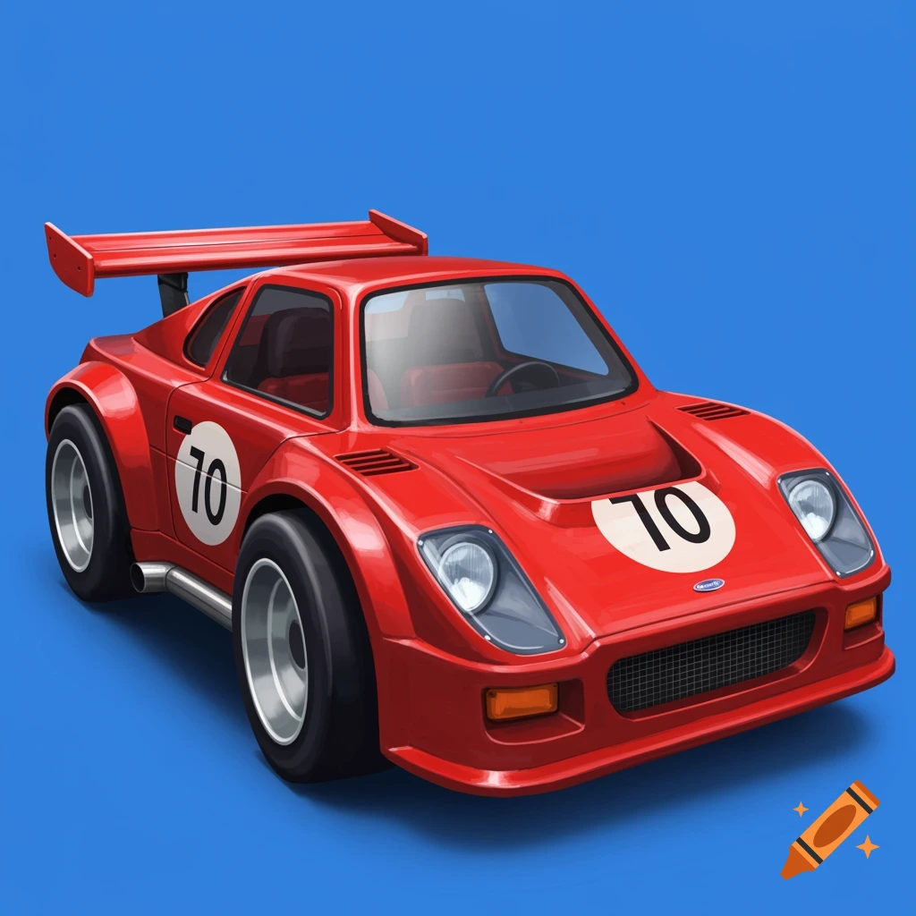 A vibrant red cartoon-style race car with the number 70 on a blue background.