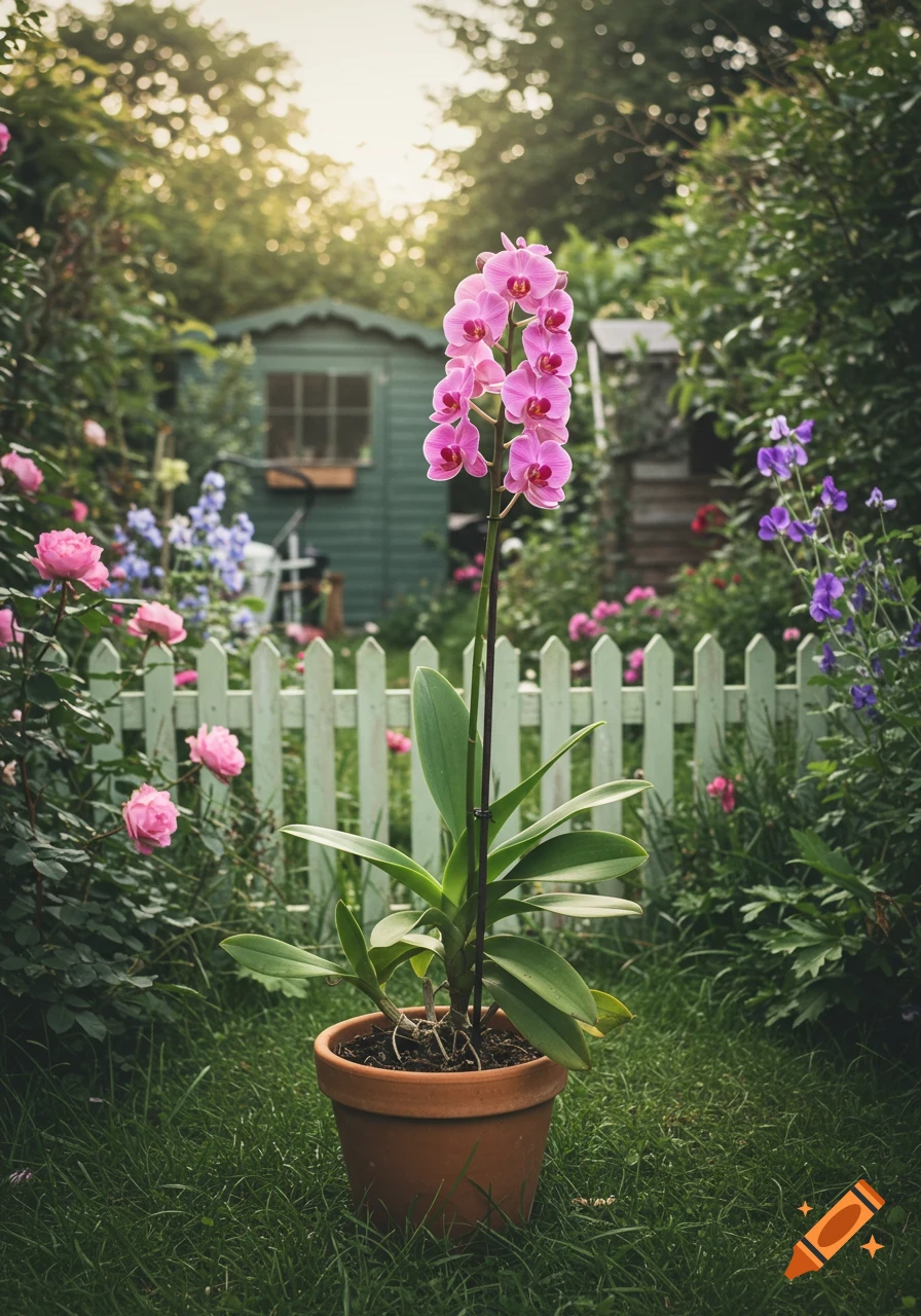 A vibrant pink orchid in a terracotta pot stands in a green garden with a white picket fence and a shed in the background.