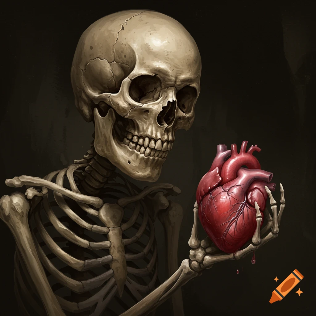 A detailed skeletal figure holds a realistic human heart in its bony hands against a dark background.